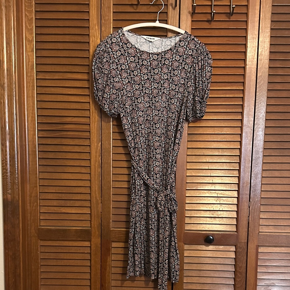 Boden Black & Pink Floral A-Line Midi Dress w/ Puff Sleeves | US 6